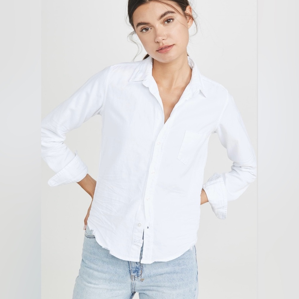 Frank & Eileen Barry denim button up shirt. White tattered denim. Size xl